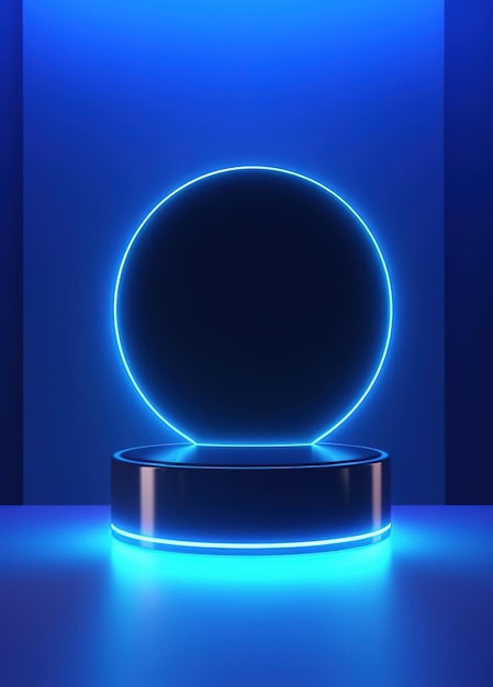 A blue led light with a round podium for display products