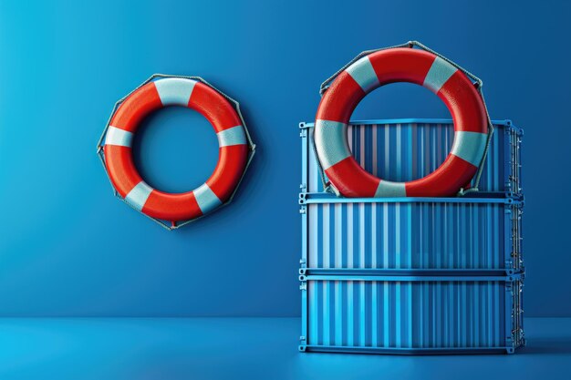 Photo blue lifebuoy containers for global shipping insurance in logistics industry