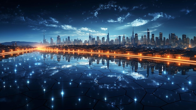 Blue and light blue Network Lines form Futuristic network concept city Technology