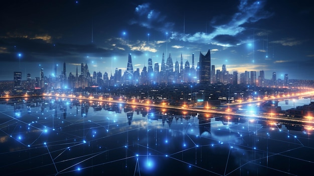 Blue and light blue Network Lines form Futuristic network concept city Technology