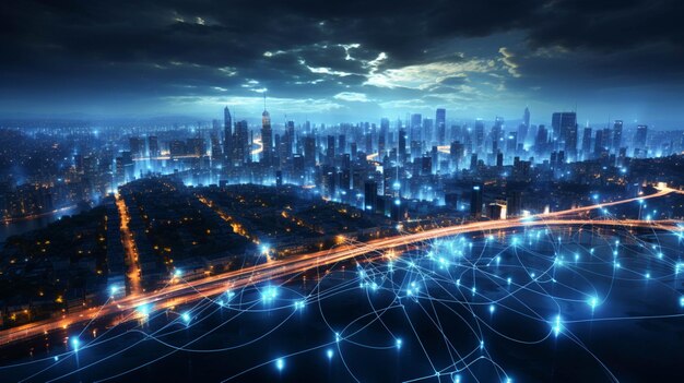 Blue and light blue network lines form futuristic network concept city technology