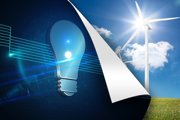 Blue light bulb background over turbine background