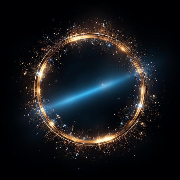 Blue light circle frame overlap gold ray motion effects on black background with bokeh decorations