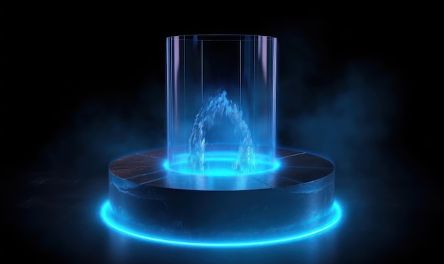 A blue light in the dark with a fountain in the middle.