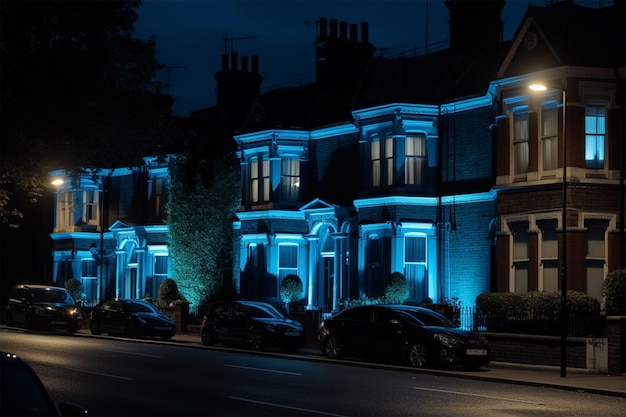 A blue light display at night with a house in the background Generative ai