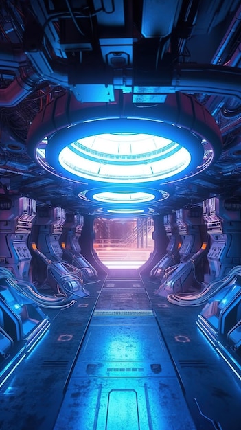 A blue light in a futuristic space station