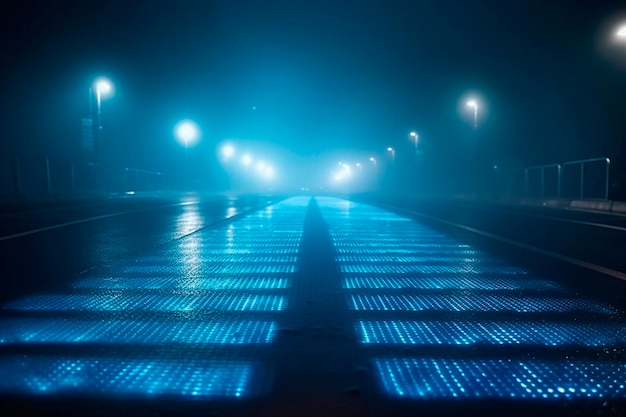 A blue light is illuminated on a dark street with a few street lights.