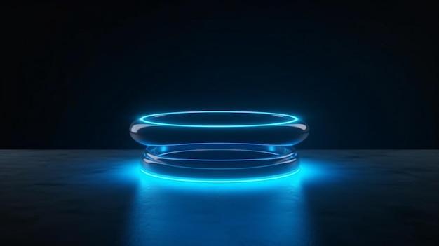 A blue light is lit up in the dark with a circular object in the middle.