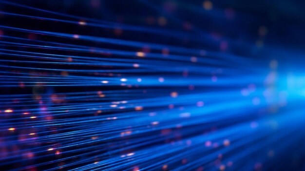 Фото Голубые световые линии и точки от волоконно-оптических проводов на темном фоне идея компьютерных коммуникаций