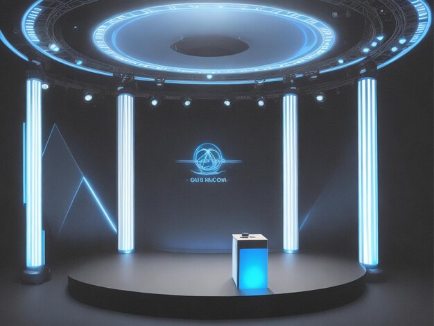 Photo blue light round podium and black background for mock up