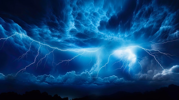 Photo blue lightning storm in the dark sky power and danger of nature at night