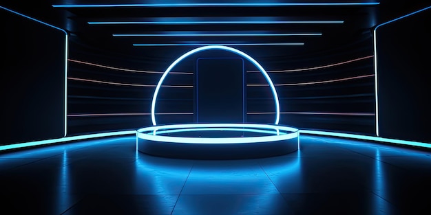 Blue lights illuminate a futuristic space podium dark background Generative AI