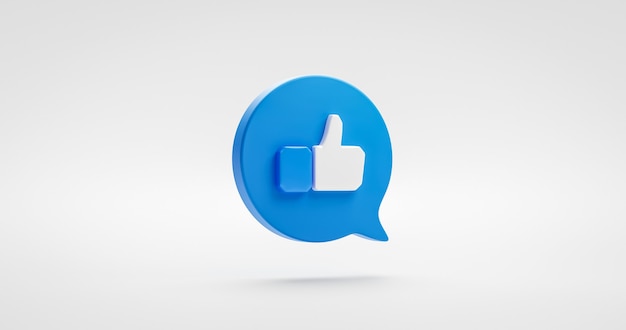 Blue like icon thumbs up social sign or notification button symbol graphic design element isolated on white favorite share background with speech bubble followers concept. 3D rendering.