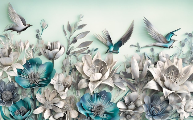 白と灰色の鳥や蝶と青いユリの花