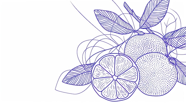 Photo blue line art drawing of a lemon and orange with leaves on a white background