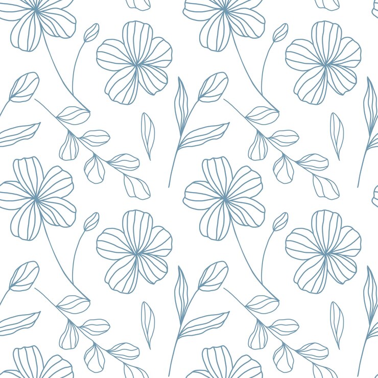 Photo blue line art flowers on white background seamless pattern