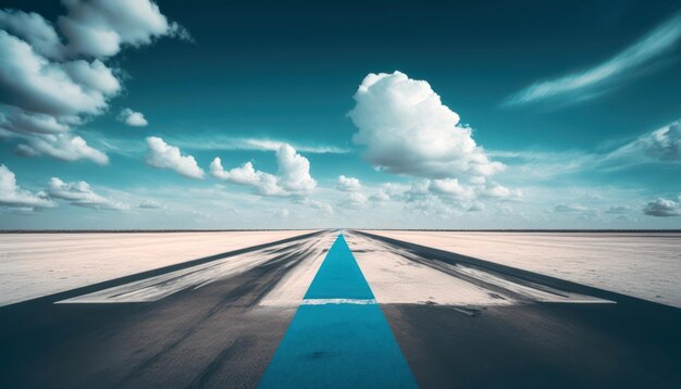 A blue line on a runway with clouds in the background