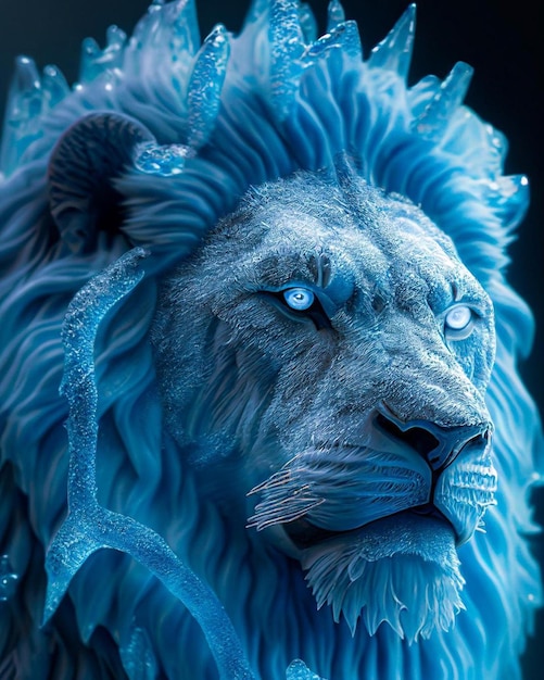 A blue lion with blue eyes and a white mane