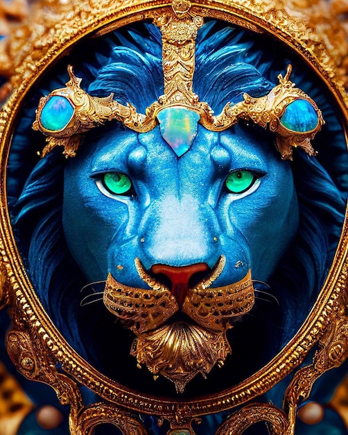 A blue lion with green eyes and a gold frame