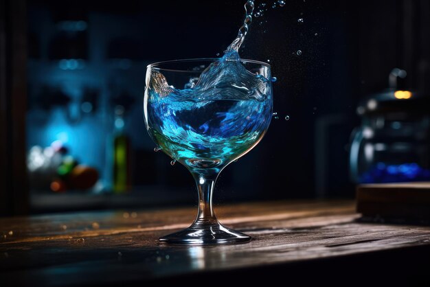 A blue liquid is poured into a glass on a bar counter.