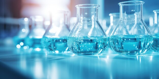 Blue liquid in lab glassware on a scientific laboratory desk