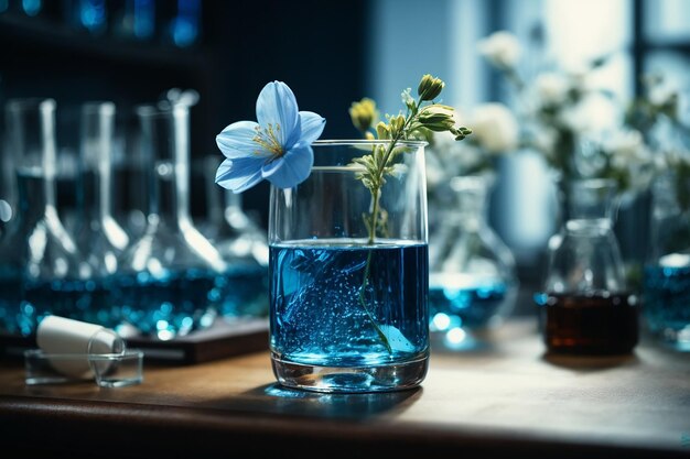 Blue liquid in laboratory glassware and flower