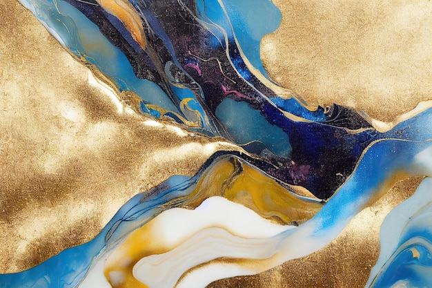 Blue liquid marble and golden veins abstract background