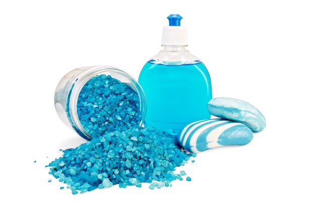 Фото Синее жидкое мыло в бутылке, твердое синее полосатое и пятнистое мыло, соль для ванн, изолированные на белом фоне