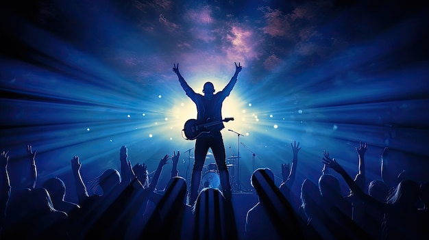 Photo blue lit silhouette of rock band singer playing guitar and raising hands while singing into microphone