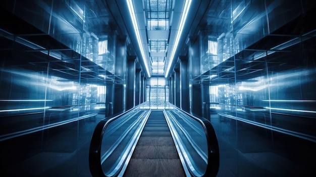 A blue lit up escalator with the word escalator on it.