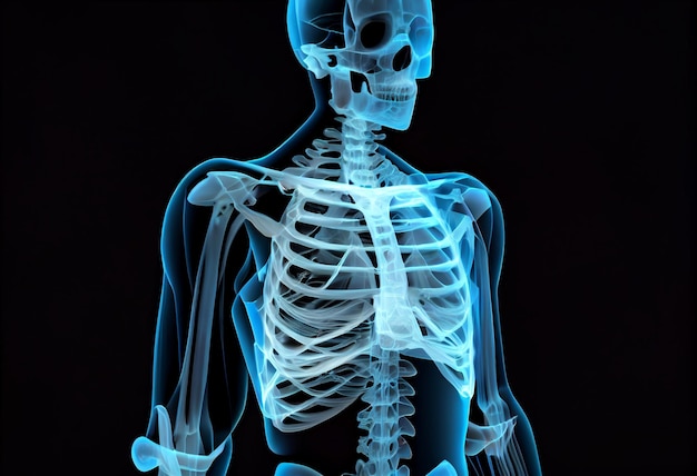 A blue lit up image of a skeleton