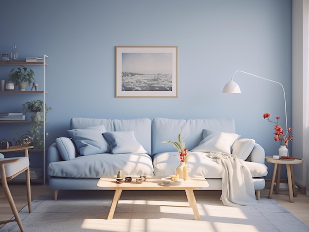 Blue living room designed for a tranquil feel AI Generative