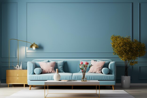 写真 青いリビングルームのインテリアに居心地の良い豪華なソファ