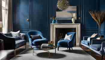 Photo a blue living room with blue chairs and a fireplace