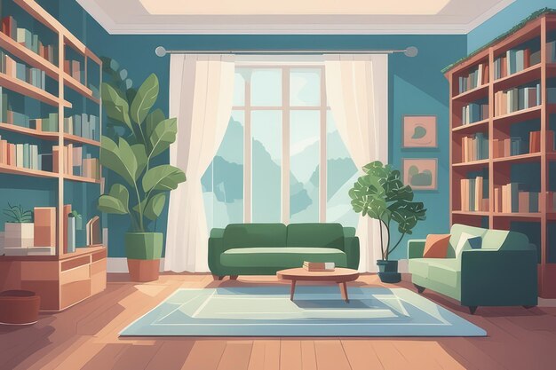 A blue living room with a couch and bookshelf in flat art style