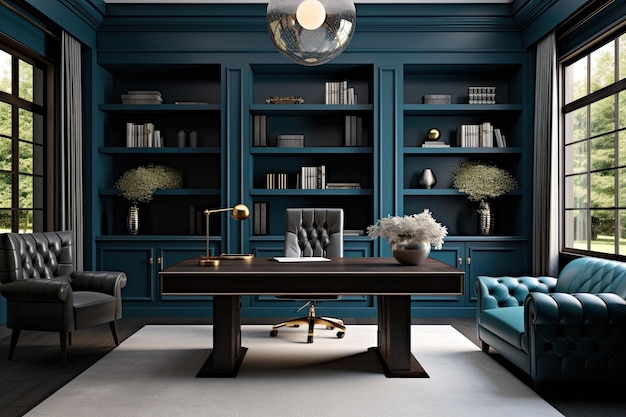Foto un soggiorno blu con un divano, un tavolino e un divano blu.