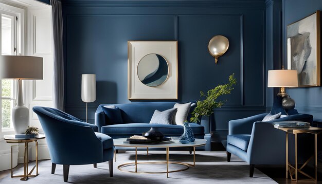 Photo a blue living room with a couch lamps and a lamp