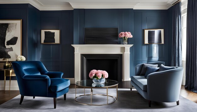 Photo a blue living room with a fireplace and a blue chair with a vase of pink flowers on the table