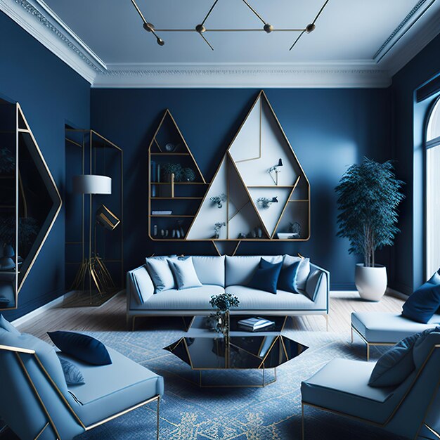 Blue living room with free space with golden details