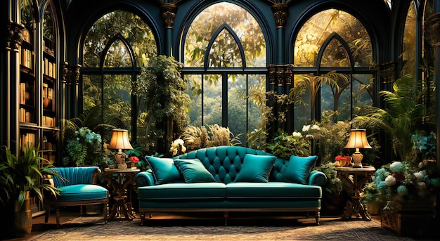 A blue living room with green plants