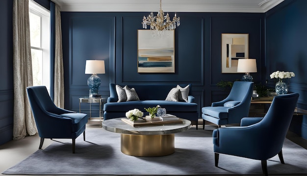 a blue living room with a table and chairs with a chandelier hanging above it