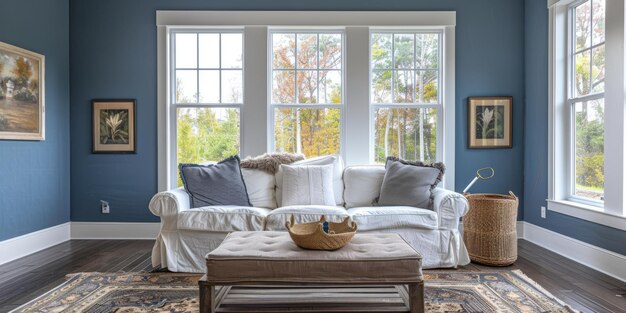 Photo blue living room with white sofa and ottoman