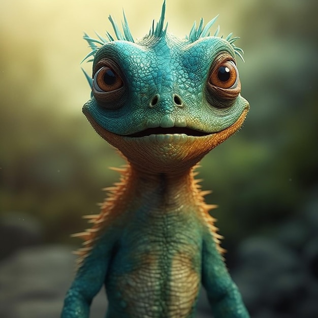 Голубая ящерица с коричневым носом и карими глазами смотрит в камеру.