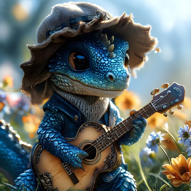 a blue lizard with a hat and a guitar in the grass