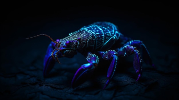 A blue lobster is lit up in a dark room