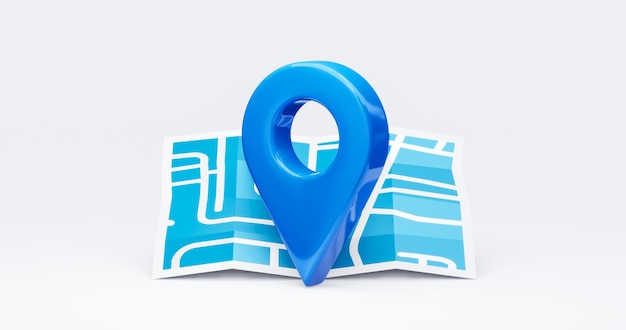 Foto posizione blu 3d icona marcatore o percorso posizione gps navigatore segno e navigazione di viaggio pin puntatore mappa stradale simbolo isolato su sfondo bianco indirizzo stradale con rilevamento della direzione del punto rilevamento.