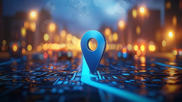 Photo blue location pin sign icon and gps navigation map road direction or internet search bar technology