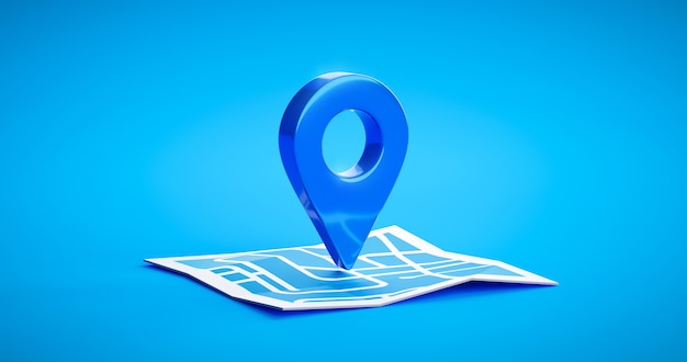 Blue location symbol pin icon sign or navigation locator map travel gps direction pointer and marker place position point design element on route graphic road mark destination background. 3D render.