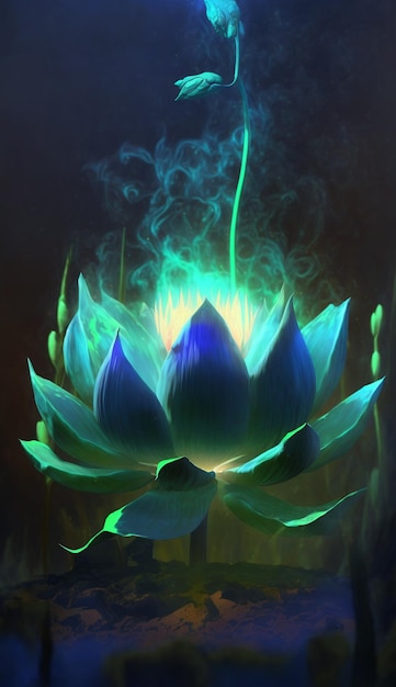 A blue lotus flower with smoke coming out of it.