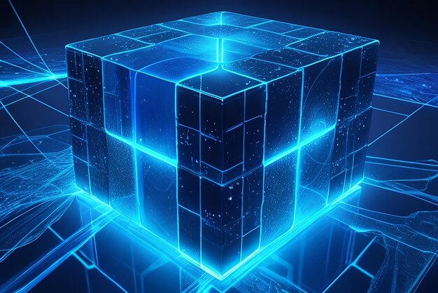 The blue luminous lines penetrate the floating cube technology sense background